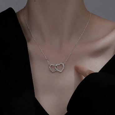 Silver Double Heart Crystal Pendant Necklace